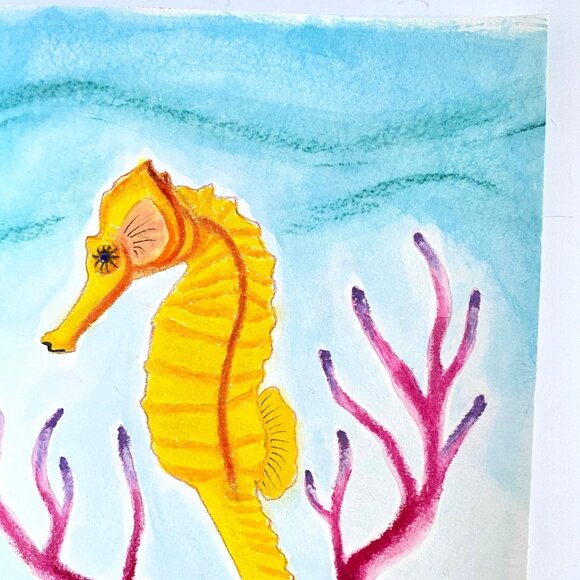Yellow Seahorse Underwater Original Painting Acrylic Wall Art 11x14in Matted - Picture 3 of 10